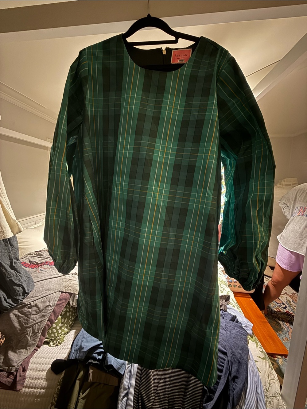 kate spade Teal and Navy Plaid Midi Dress with Balloon Sleeves - Picture 2 of 2